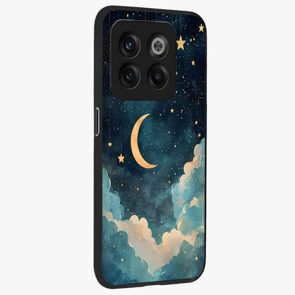 Crescent Galaxy Moon Glass Case for 1+10T side perspective highlighting luminous moon details and premium build