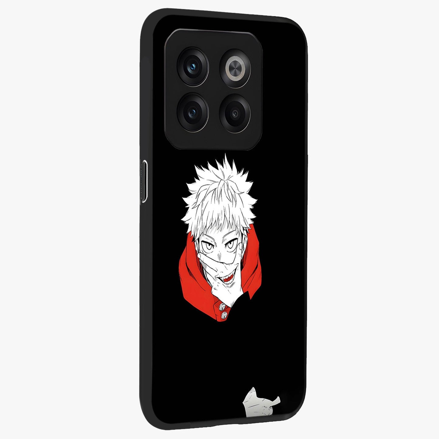 Crimson Chaos Smile Glass Case for 1+10T side perspective highlighting intense color contrast and sleek edges