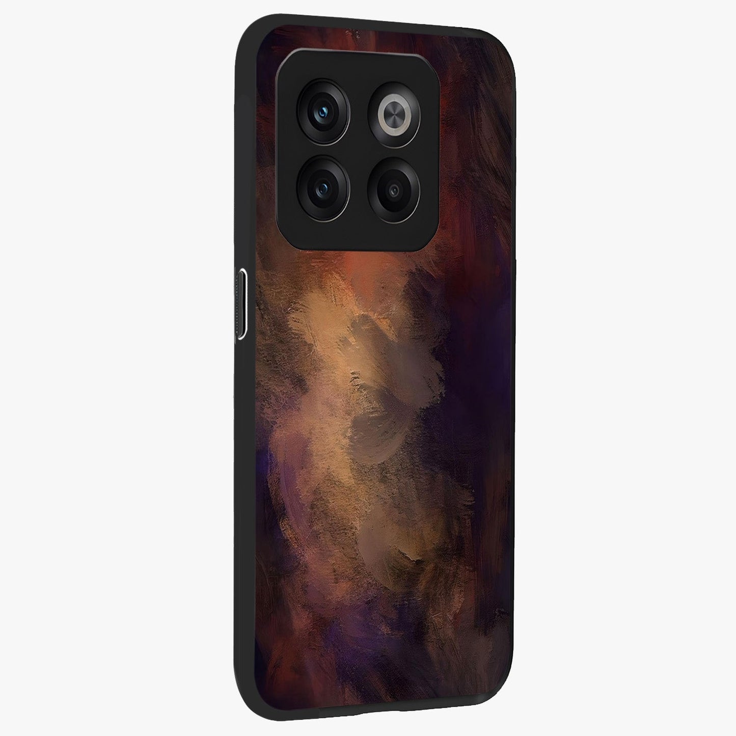 Crimson Dusk Whirl Glass Case for 1+10T side perspective highlighting fluid red textures and sleek build