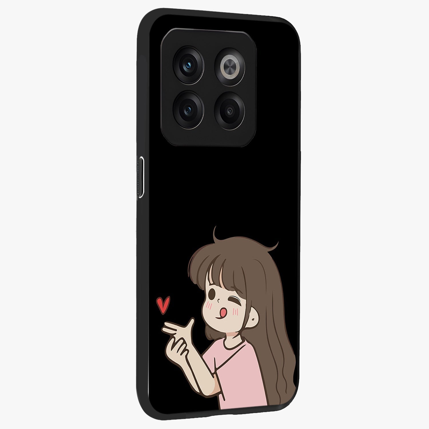 Cute Girl Firing Heart Glass Case for 1+10T side perspective highlighting playful design elements and sleek build