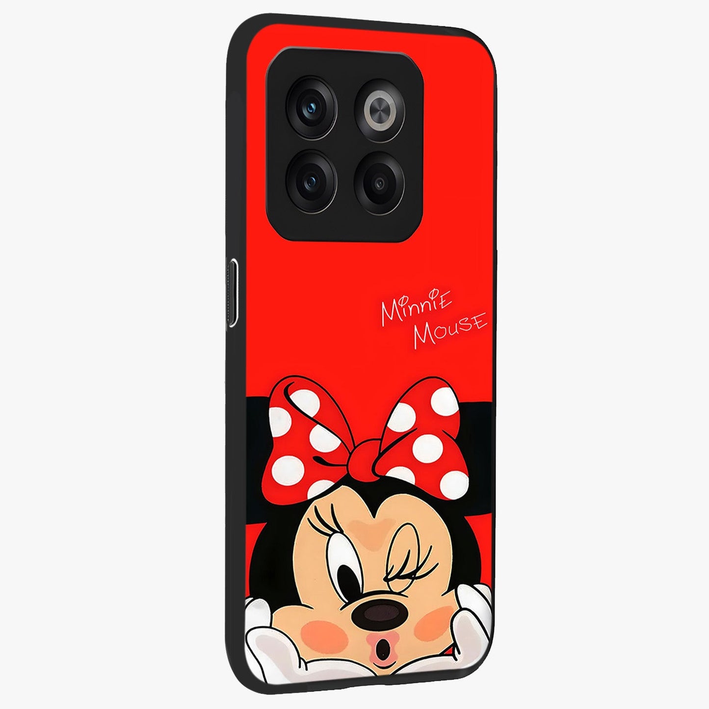 Cute Minnie Love Glass Case for 1+10T side perspective highlighting cute illustration textures and smooth premium edges