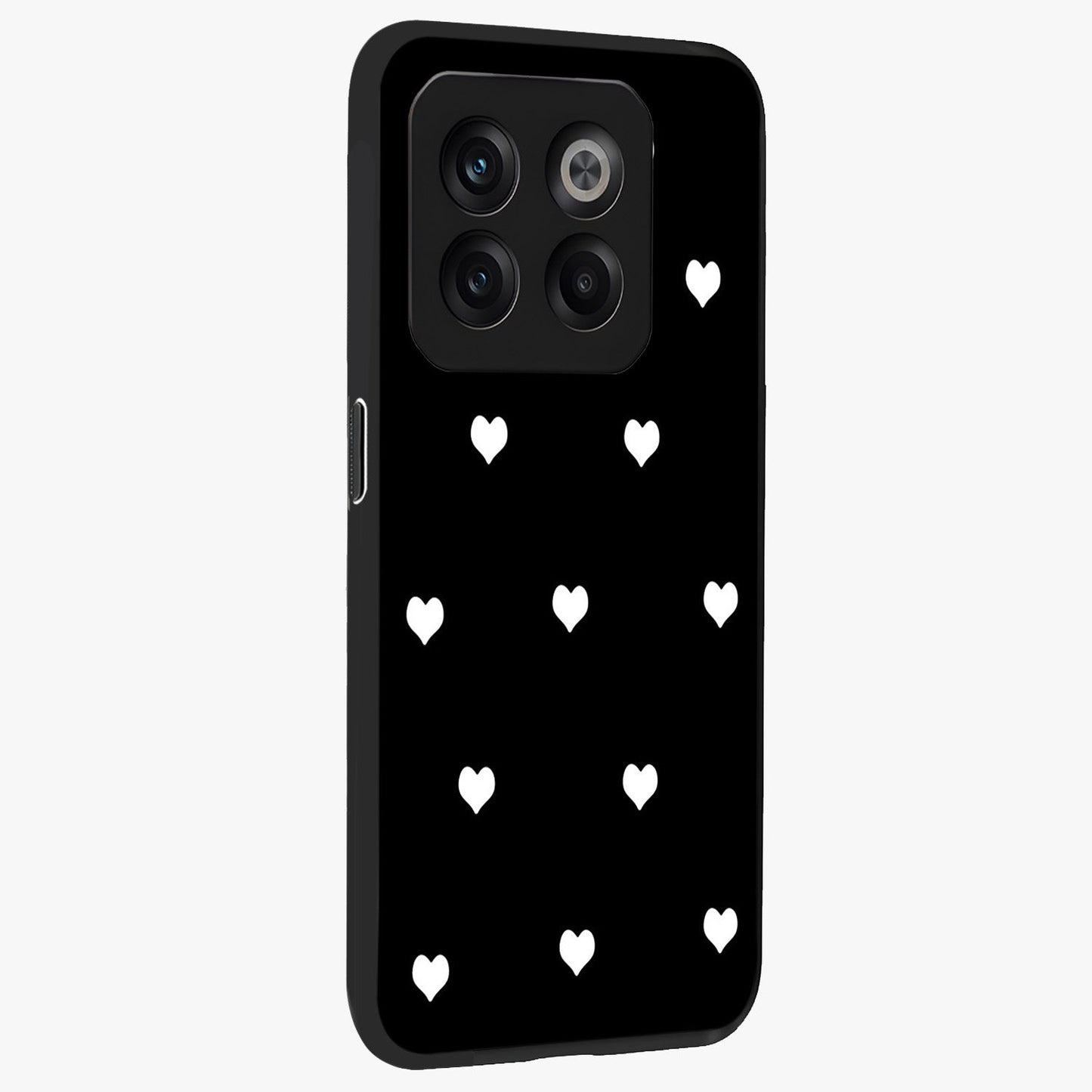 Cute Simple White Hearts Glass Case for 1+10T side perspective highlighting dramatic contrast and premium build