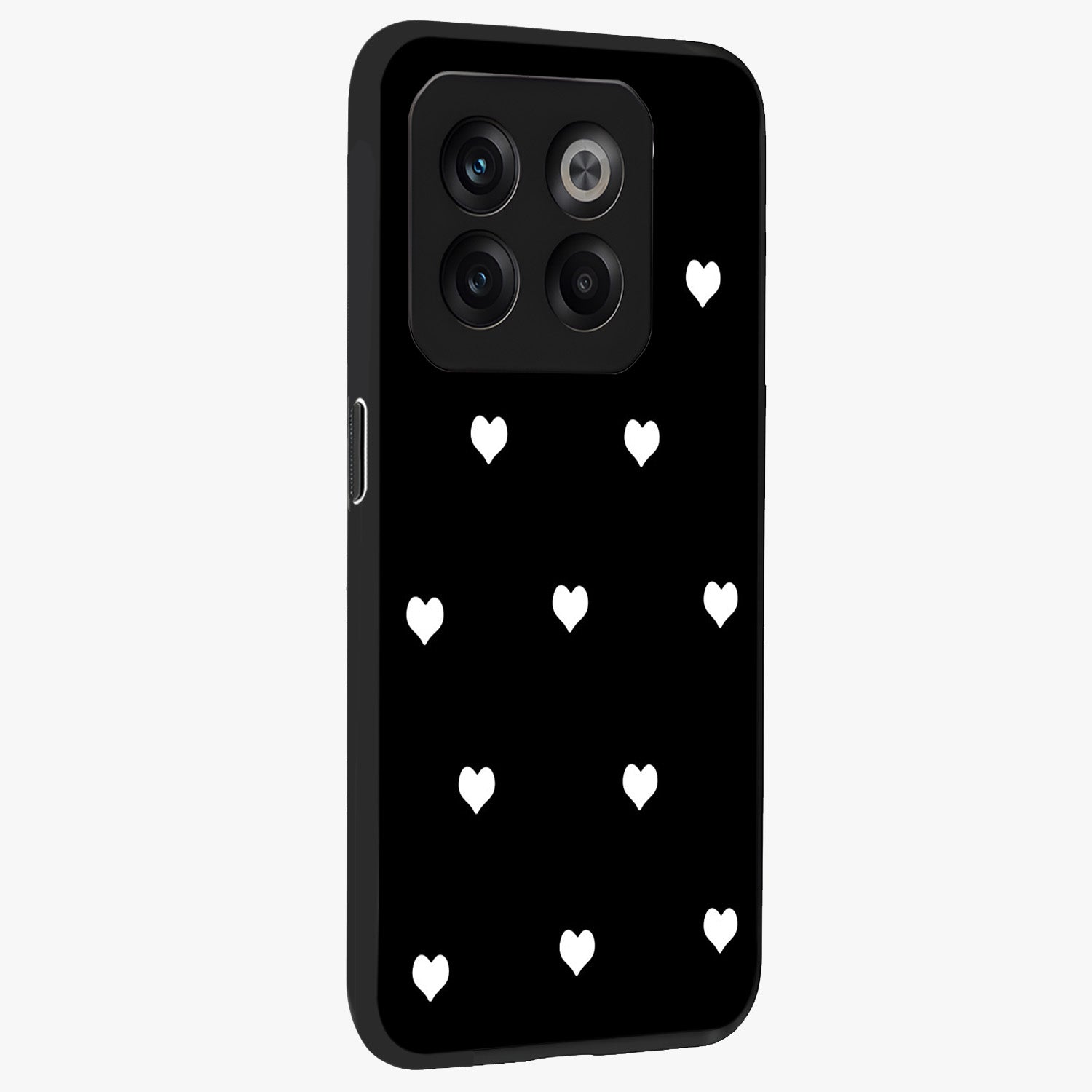 Cute Simple White Hearts Glass Case for 1+10T side perspective highlighting dramatic contrast and premium build