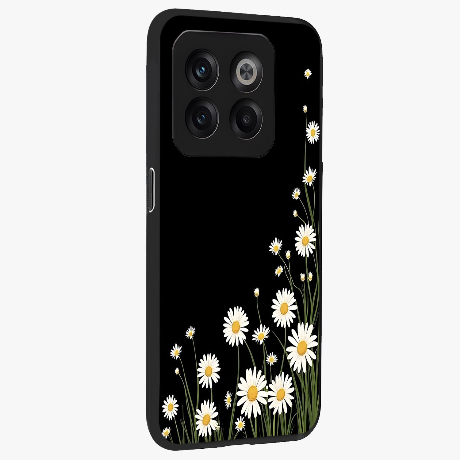 Daisy Cascade on Black Glass Case for 1+10T side perspective highlighting delicate daisy detailing and smooth edges
