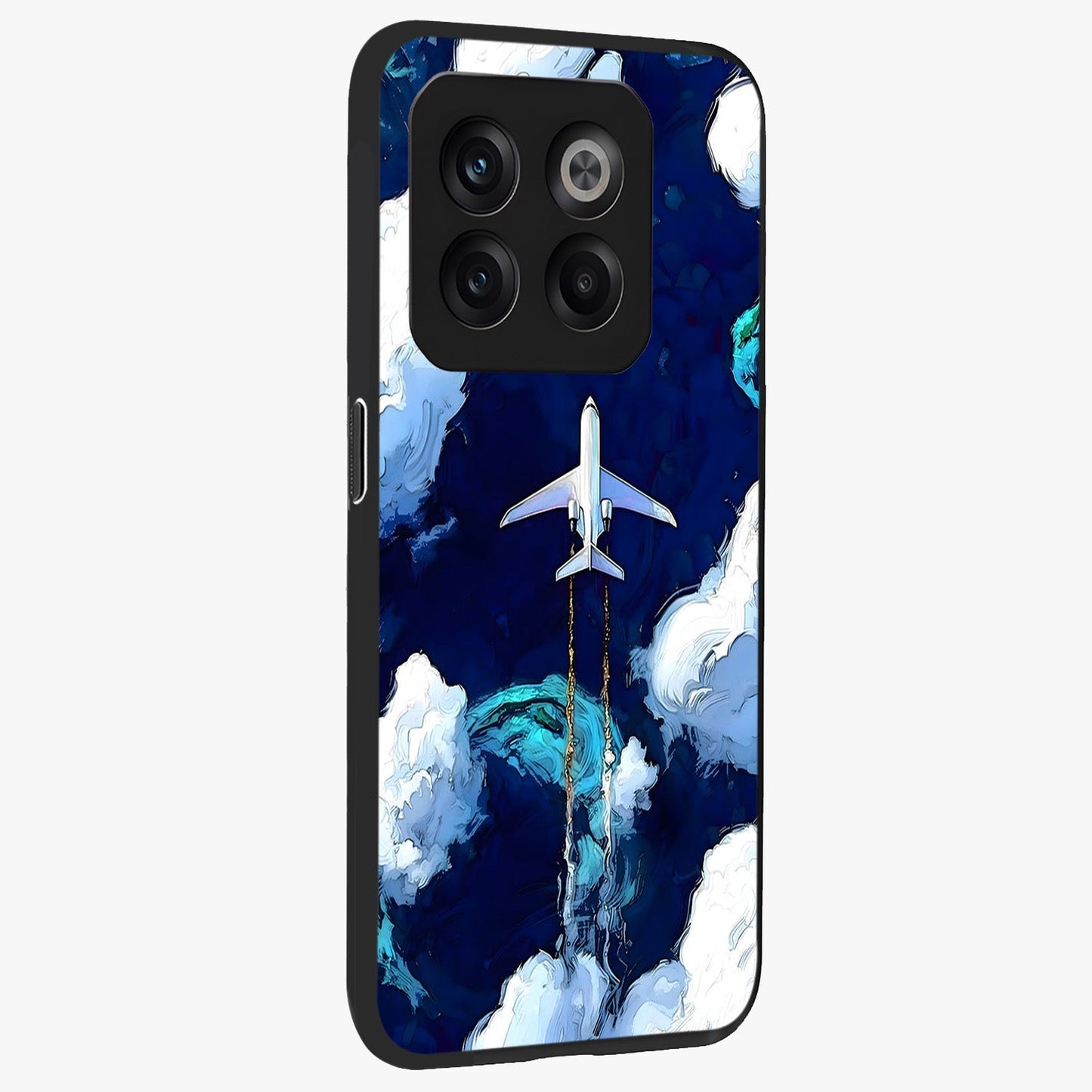 Dark Airplane Glass Case for 1+10T side perspective highlighting sleek aviation detailing and premium build