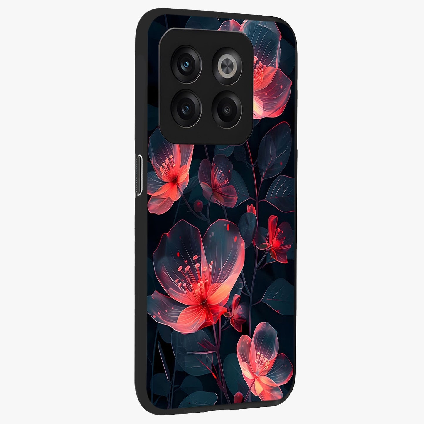 Dark Shade of Flower Glass Case for 1+10T side perspective highlighting elegant dark floral textures and sleek build