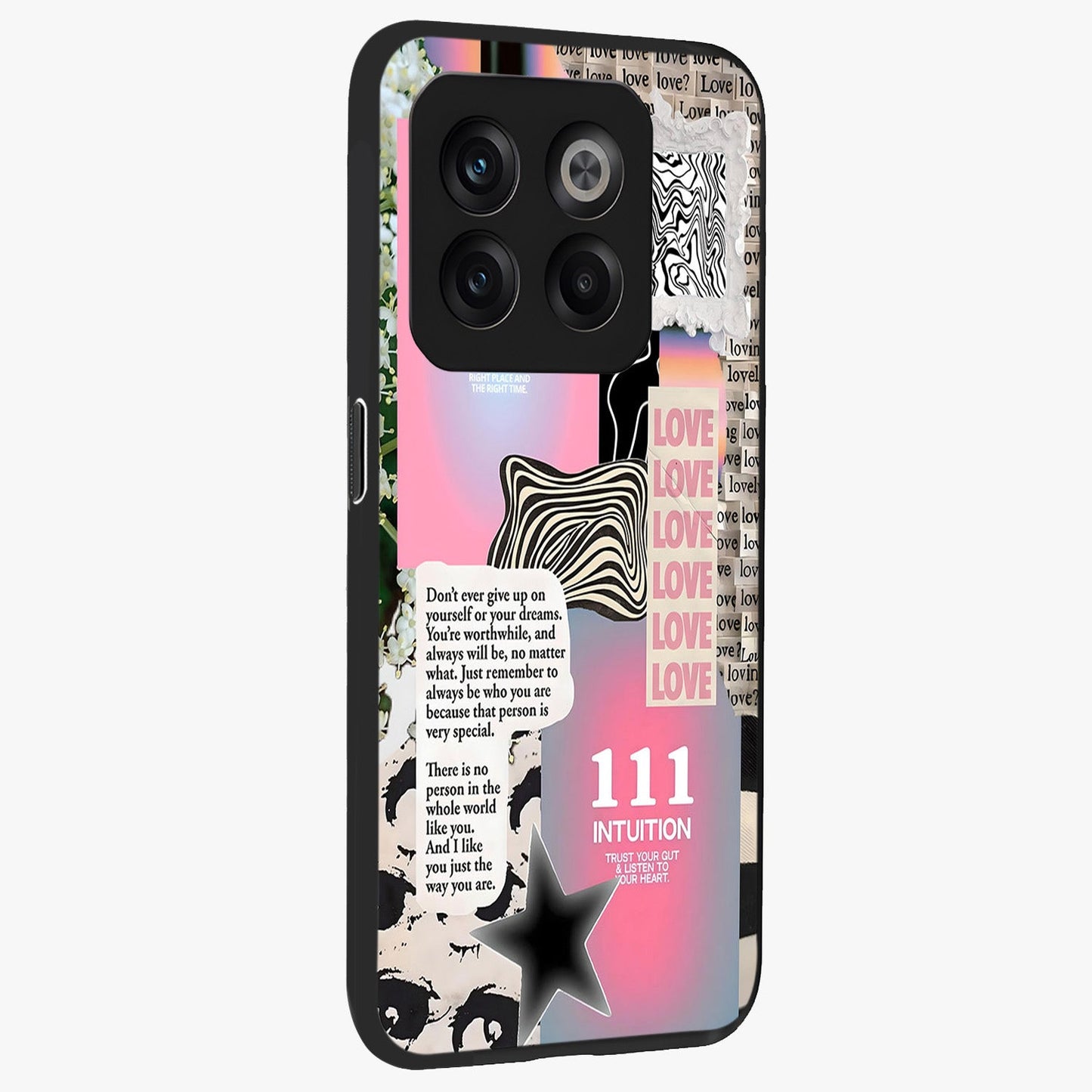 Divine Love Vibes Glass Case for 1+10T side perspective highlighting elegant detailing and smooth build