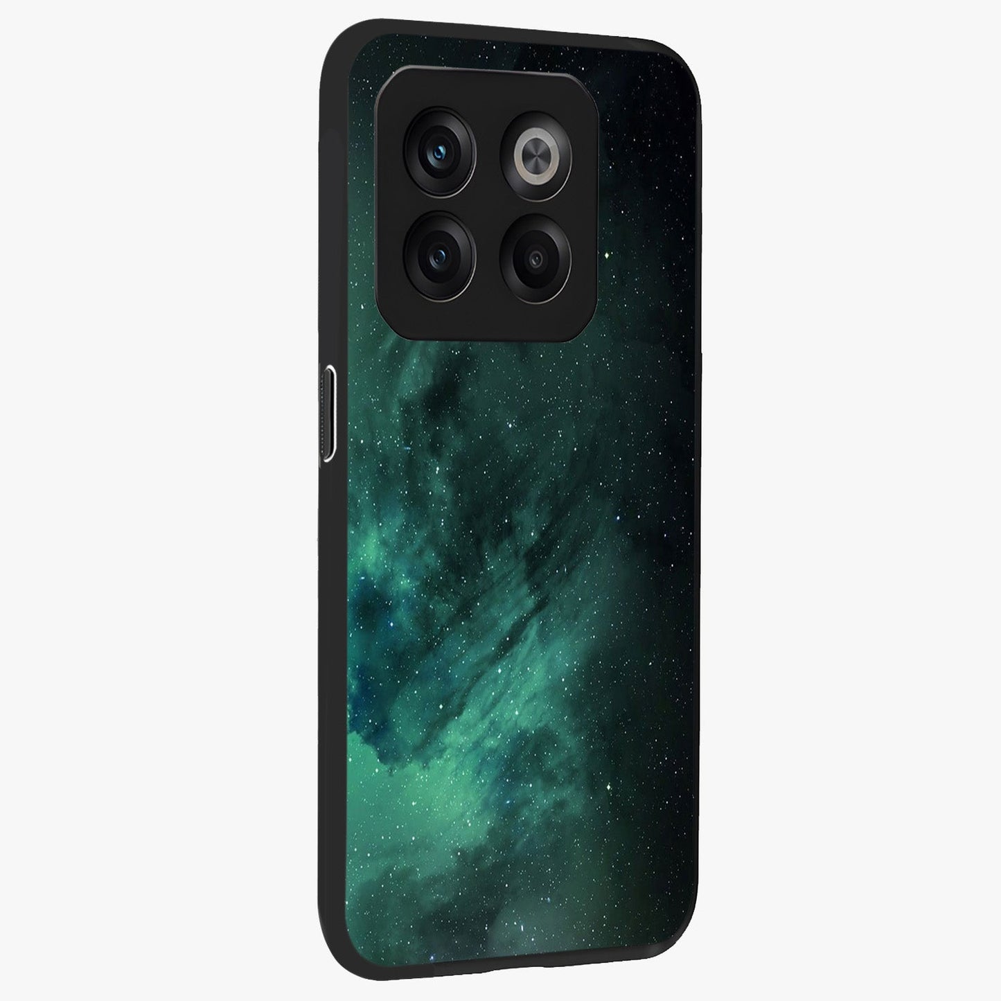 Emerald Green Space Glass Case for 1+10T side perspective highlighting luminous detailing and premium edge finish