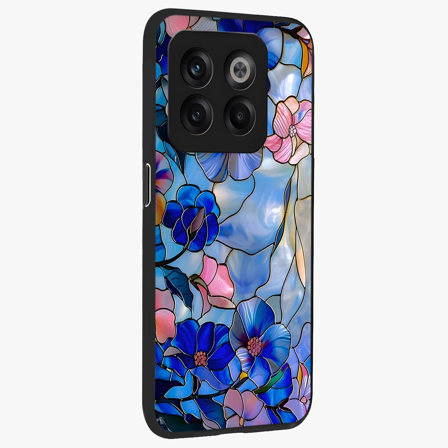 Eternal Floral Stained Glass Case for 1+10T side perspective highlighting colorful floral detailing and premium edge finish