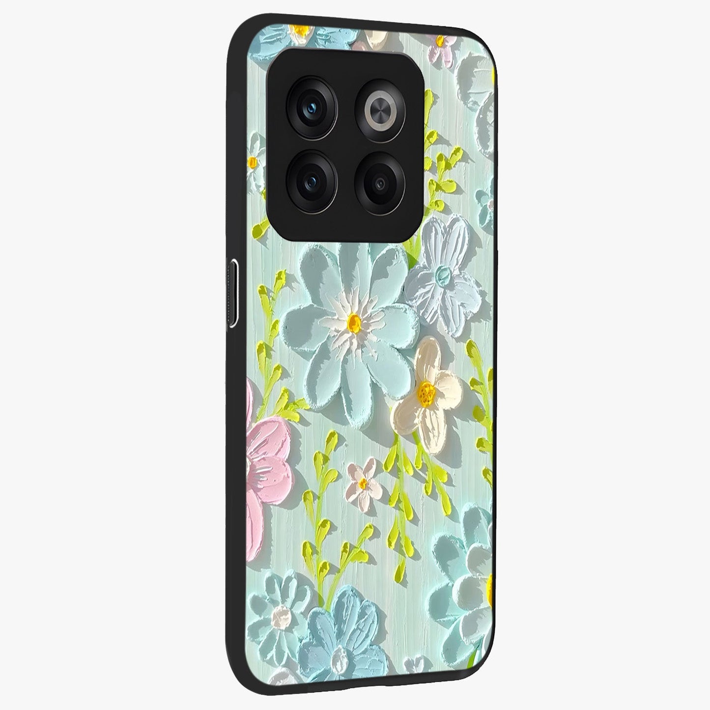 Frosted Petal Garden Glass Case for 1+10T side perspective highlighting subtle petal textures and sleek premium build