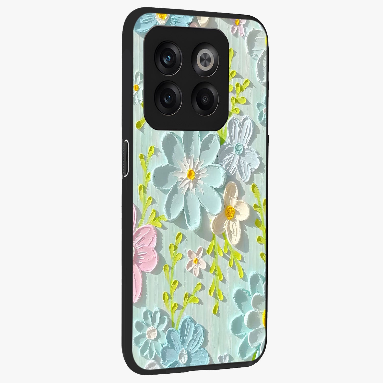 Frosted Petal Garden Glass Case for 1+10T side perspective highlighting subtle petal textures and sleek premium build