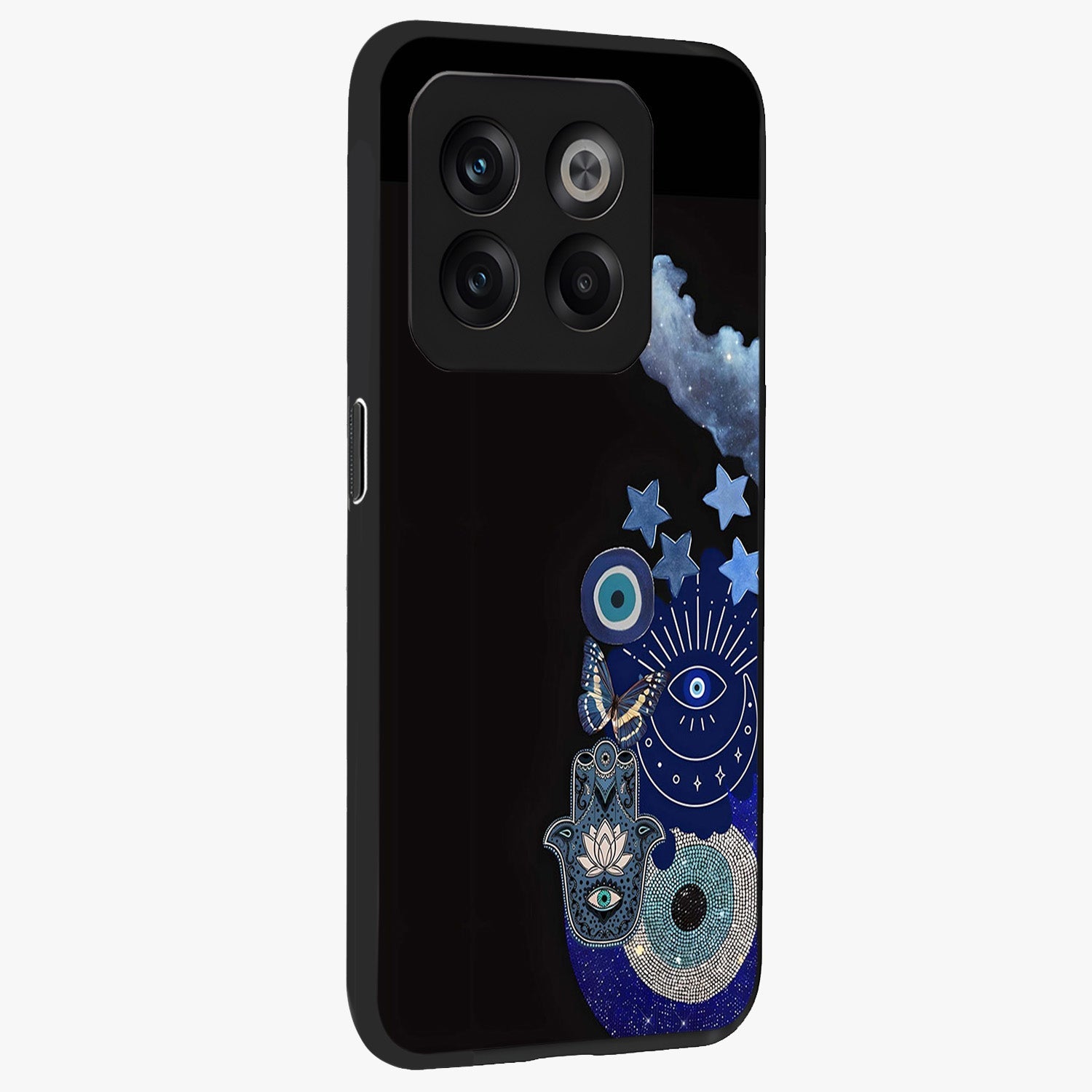 Galactic Charm Cluster Glass Case for 1+10T side perspective highlighting glowing textures and premium edge finish