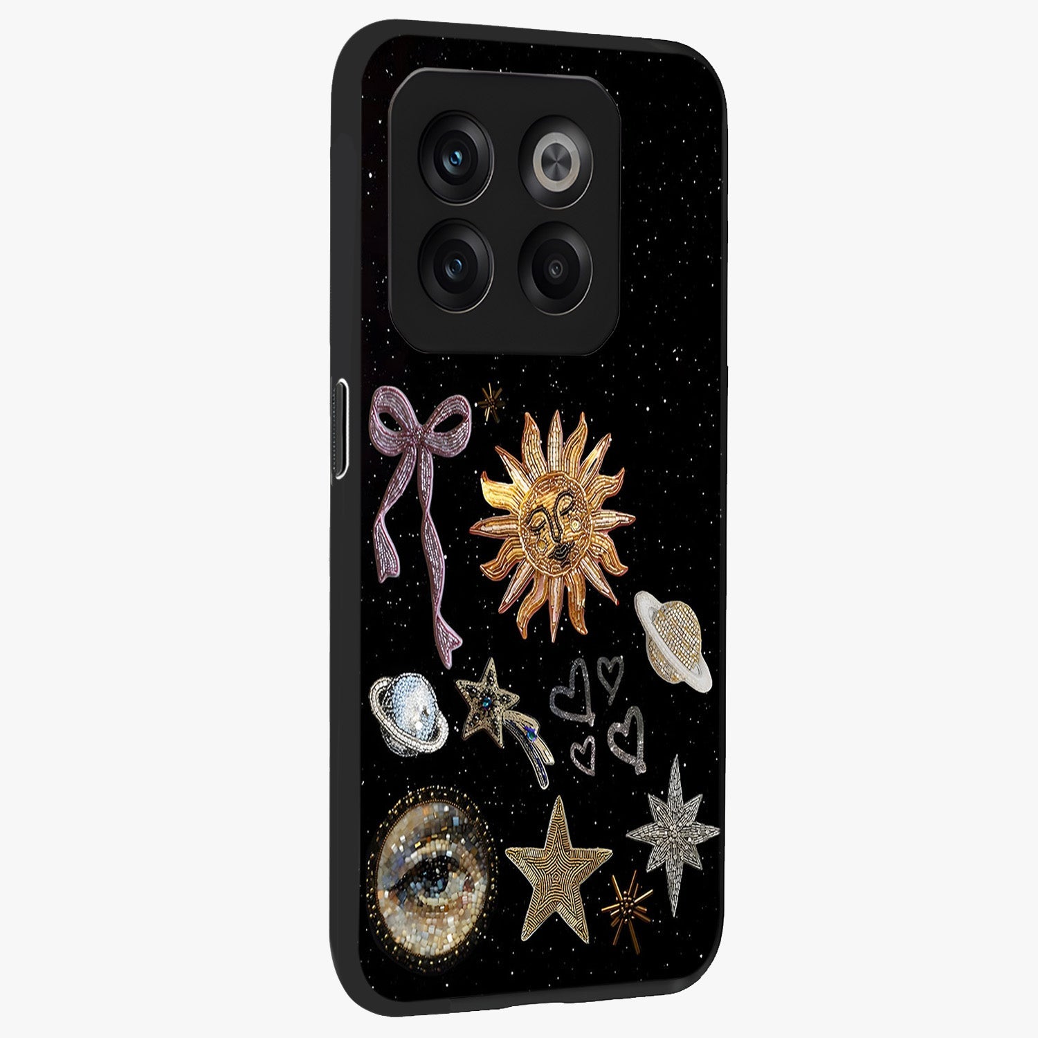 Galactic Sun Charm Glass Case for 1+10T side perspective highlighting glowing sun detailing and premium edge finish