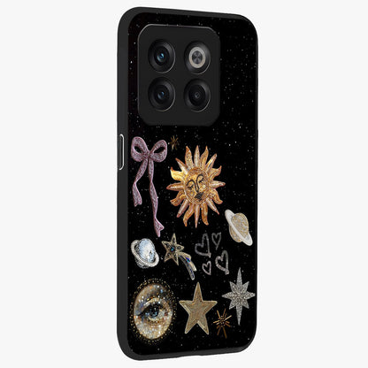 Galactic Sun Charm Glass Case for 1+10T side perspective highlighting glowing sun detailing and premium edge finish