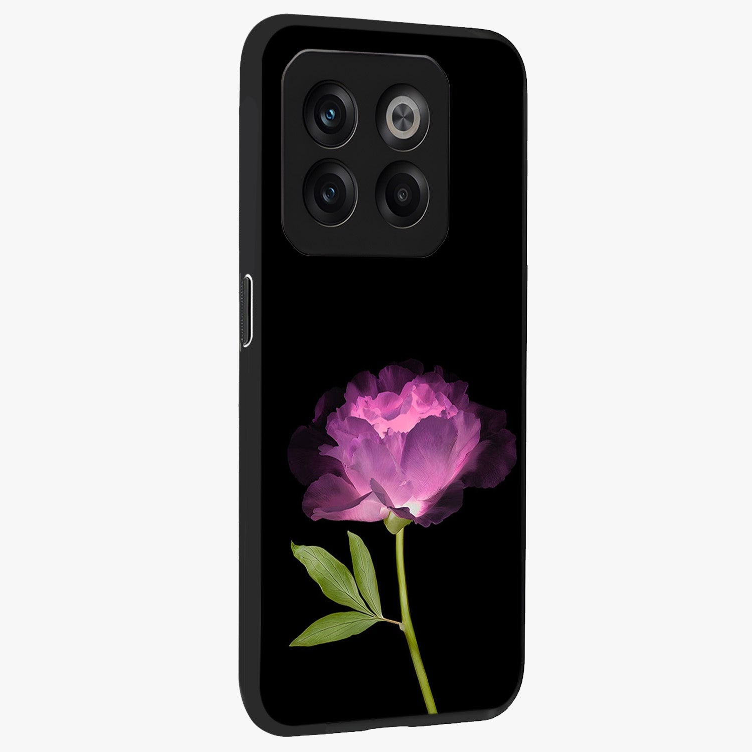 Glow Petal Bloom Glass Case for 1+10T side perspective highlighting glowing bloom textures and sleek edges
