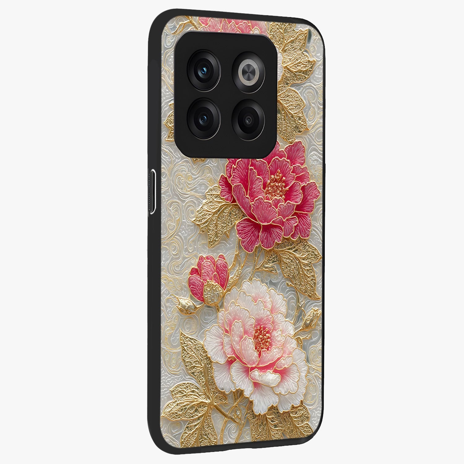 Golden Celestial Charm Glass Case for 1+10T side perspective highlighting luminous detailing and premium edge finish