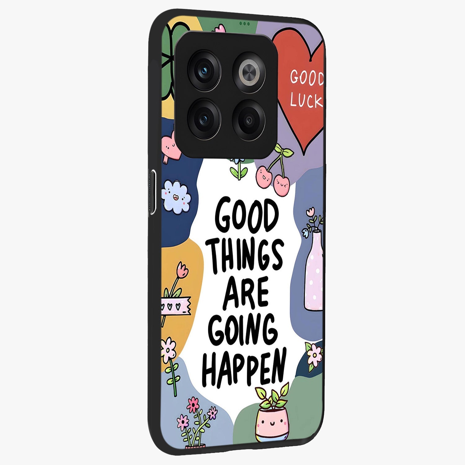Good Thing Quote Glass Case for 1+10T side perspective highlighting bold text detailing and sleek premium build