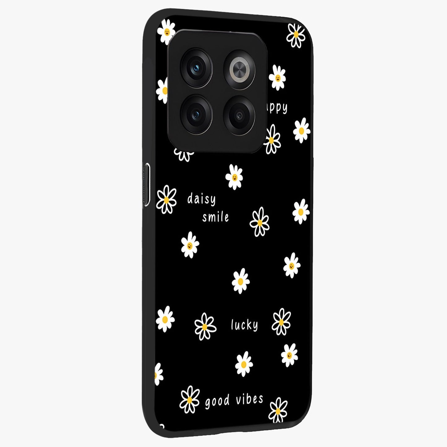 Good Vibes Daisy Black Pattern Glass Case for 1+10T side perspective highlighting playful daisy detailing and smooth edges
