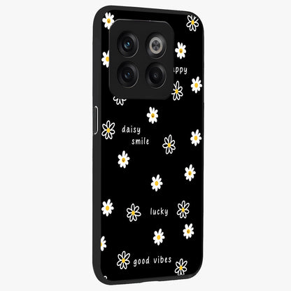 Good Vibes Daisy Black Pattern Glass Case for 1+10T side perspective highlighting playful daisy detailing and smooth edges
