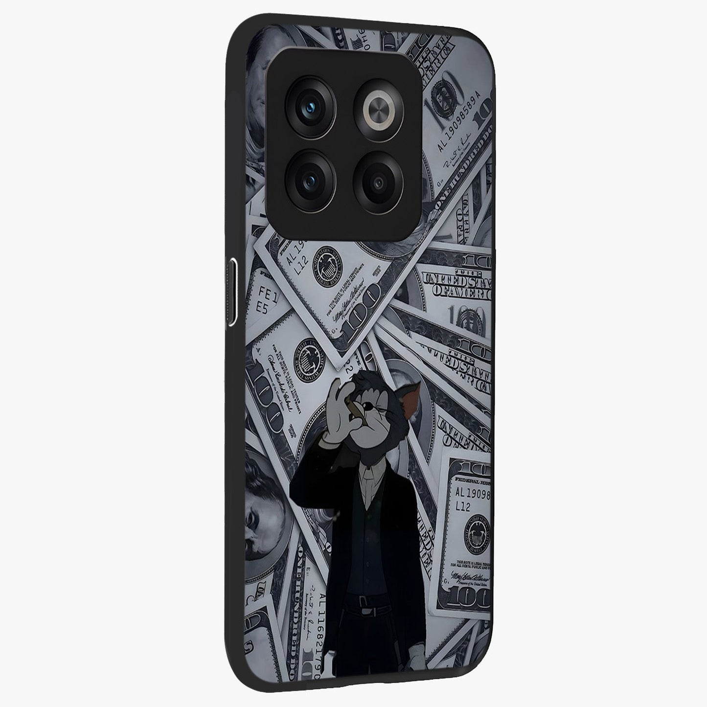 Greedy Fortune Cat Glass Case for 1+10T side perspective highlighting playful textures and smooth edges