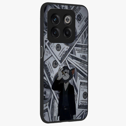 Greedy Fortune Cat Glass Case for 1+10T side perspective highlighting playful textures and smooth edges