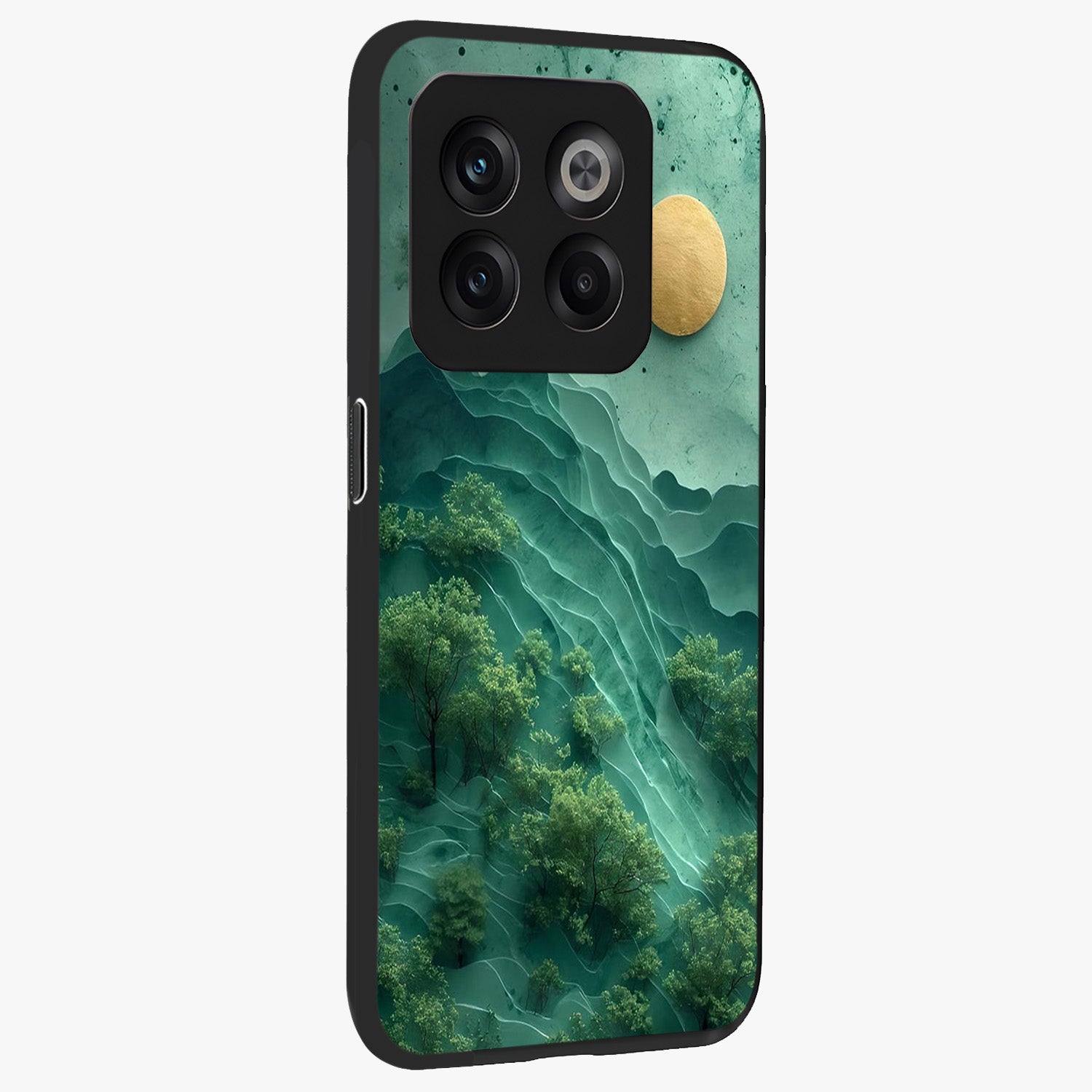 Green Hills With Sun Glass Case for 1+10T side perspective highlighting serene landscape textures and premium build