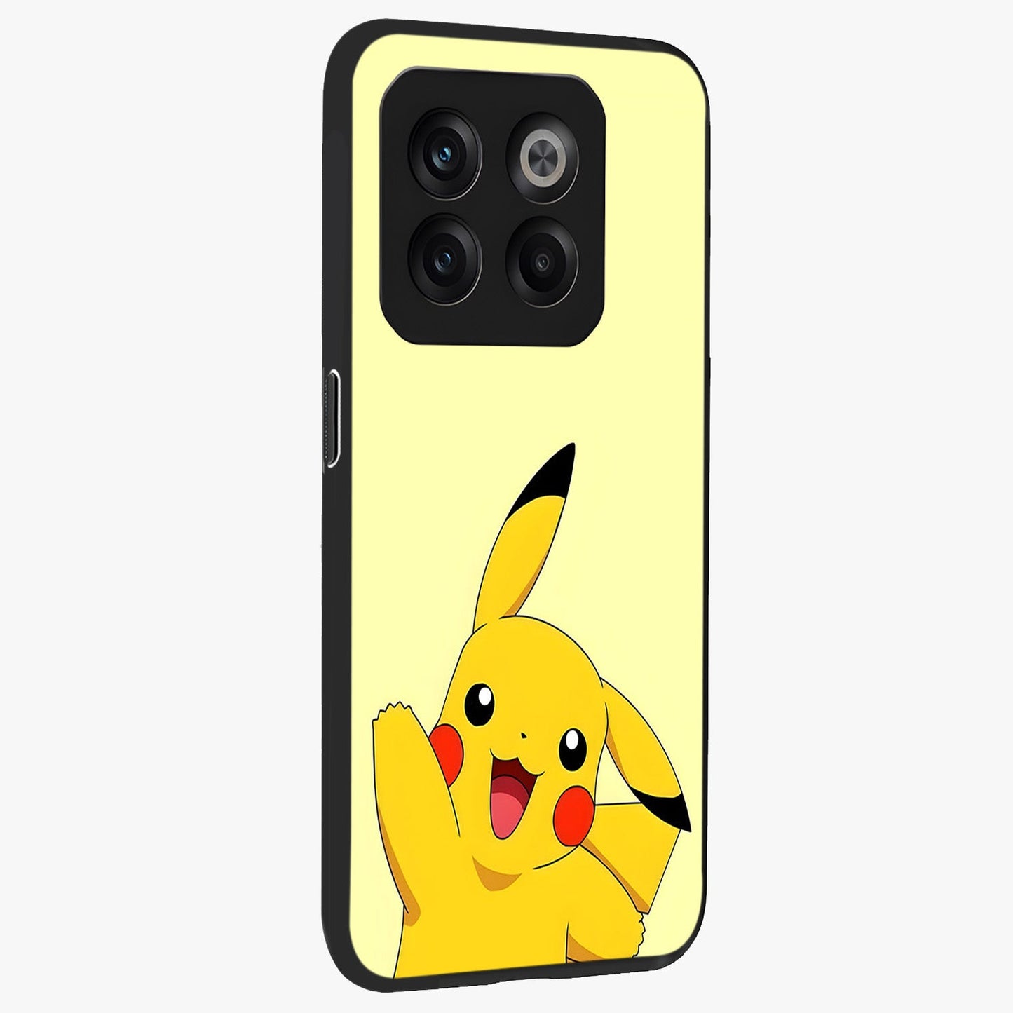 Happy Electric Pikachu Glass Case for 1+10T side perspective highlighting lively character detailing and sleek build