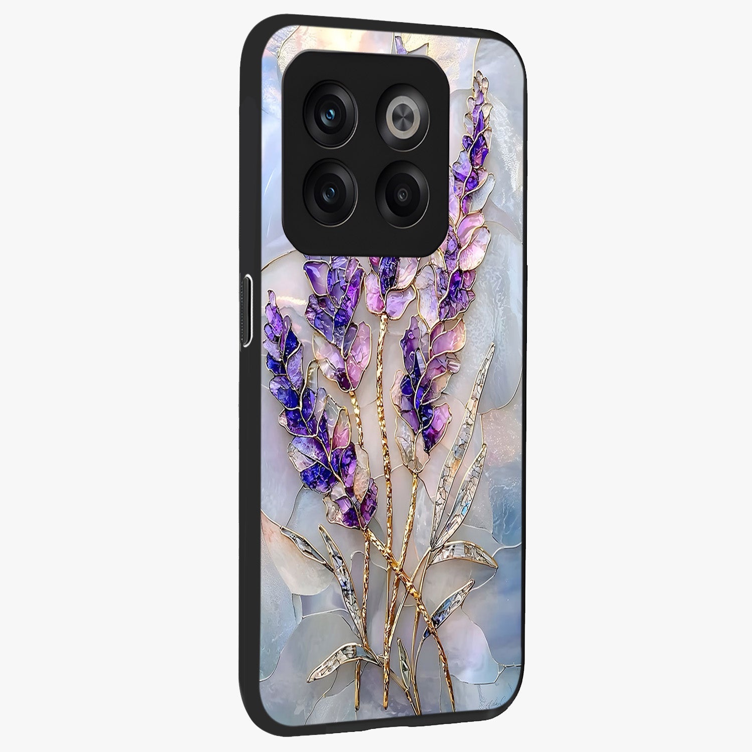 Lavender Dream Glow Glass Case for 1+10T side perspective highlighting vibrant textures and smooth premium build