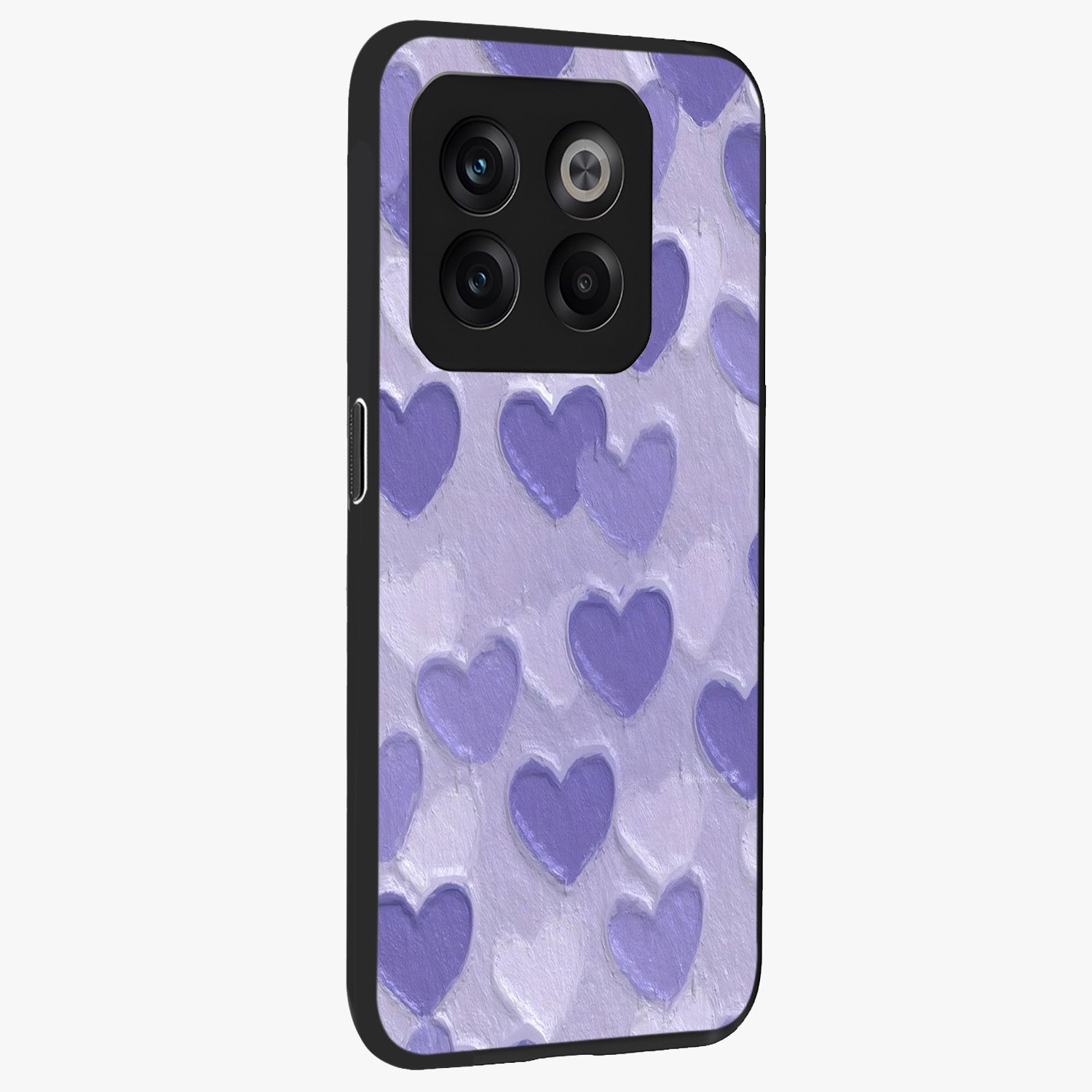 Lavender Paper Hearts Glass Case for 1+10T side perspective highlighting delicate heart textures and sleek build