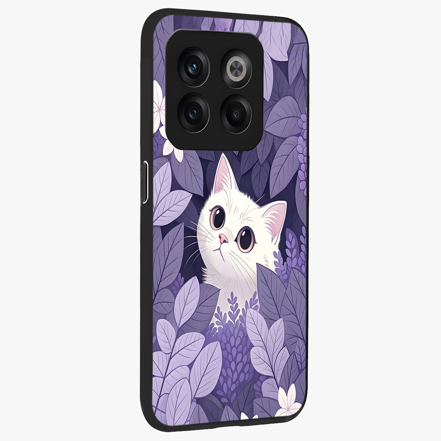 Lilac Hide Peek Cat Glass Case for 1+10T side perspective highlighting charming feline textures and smooth edges