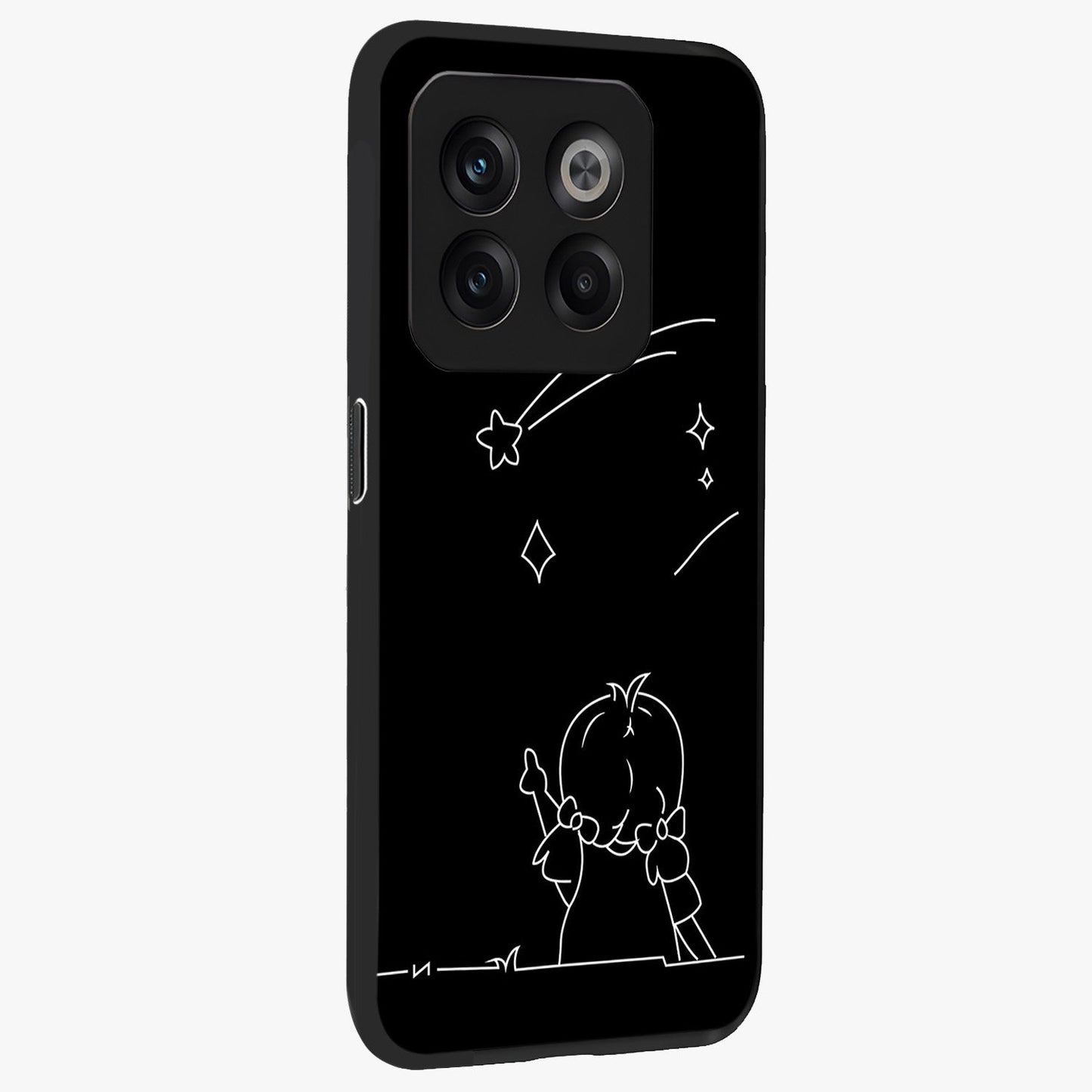 Line Art Girl With Shooting Stars Glass Case for 1+10T side perspective highlighting subtle star textures and premium build