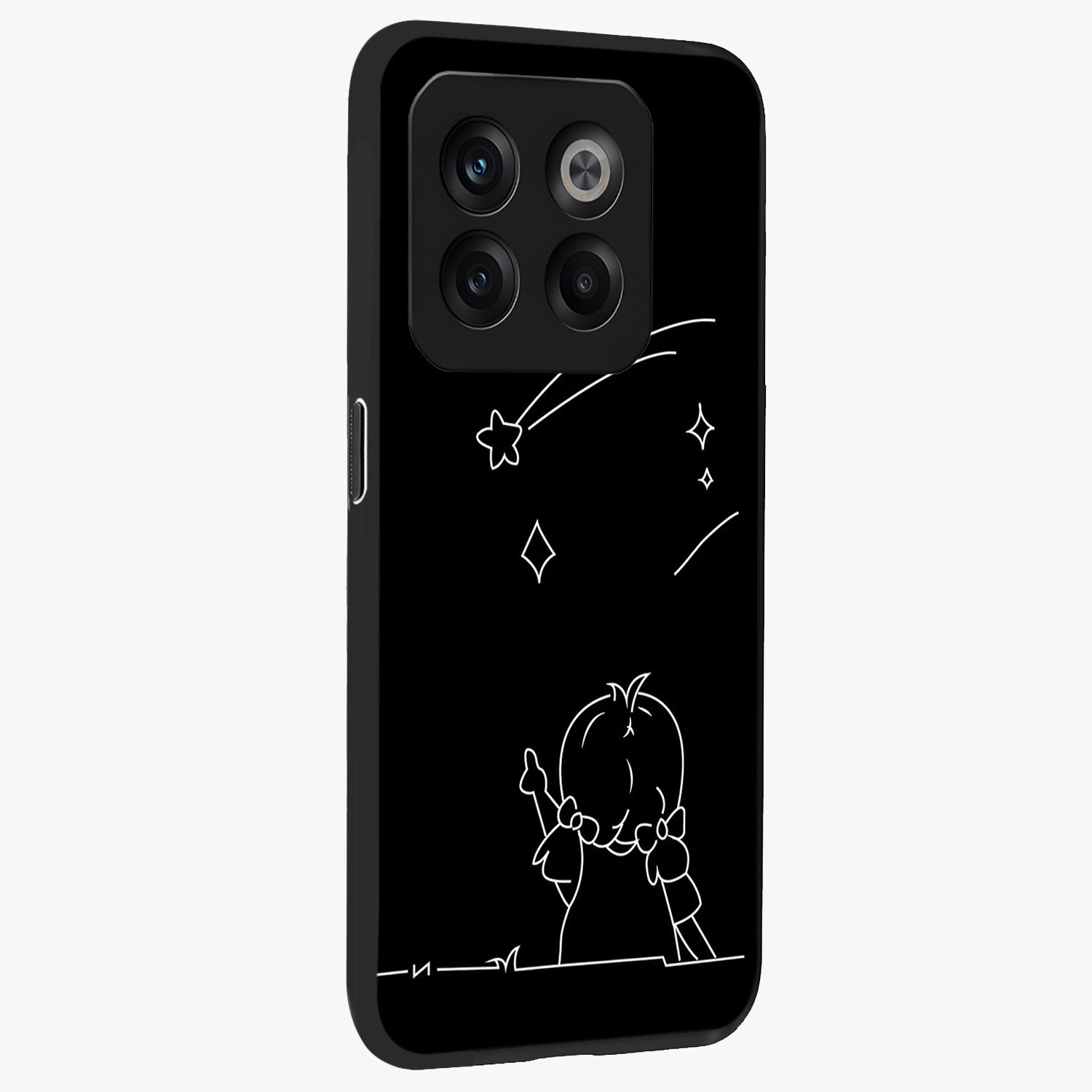 Line Art Girl With Shooting Stars Glass Case for 1+10T side perspective highlighting subtle star textures and premium build