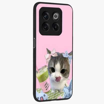 Love Matcha Cat Glass Case for 1+10T side perspective highlighting charming feline textures and smooth edges