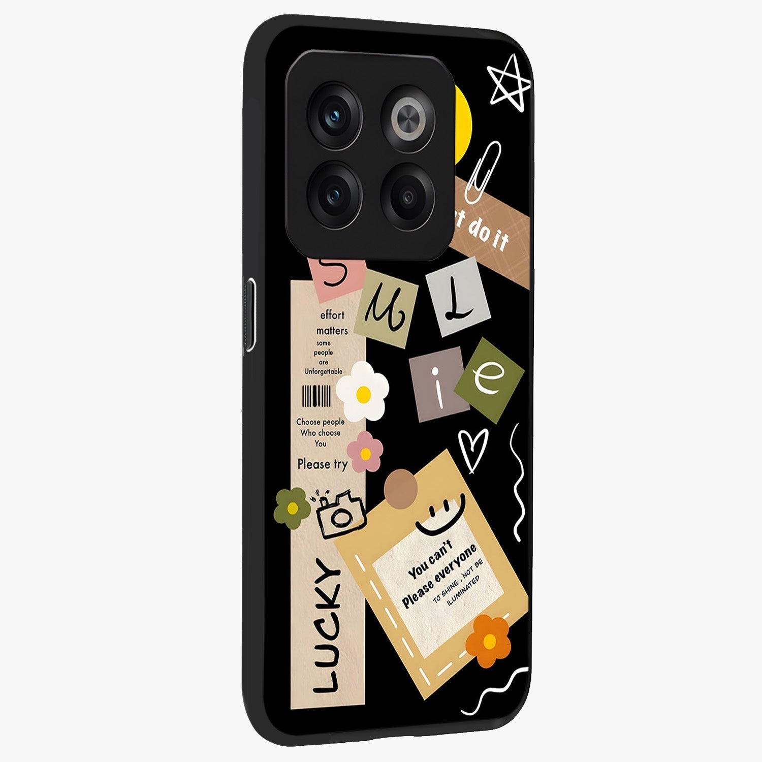 Lucky Aesthetic Collage Case Glass Case for 1+10T side perspective highlighting playful detailing and sleek edges