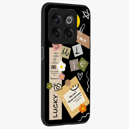 Lucky Aesthetic Collage Case Glass Case for 1+10T side perspective highlighting playful detailing and sleek edges