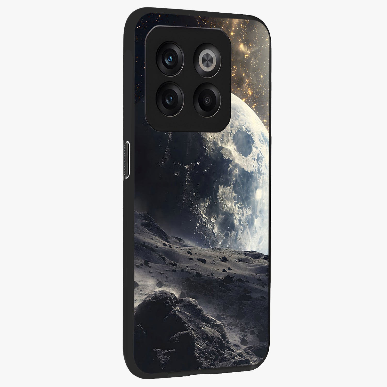 Lunar Horizon Glow Glass Case for 1+10T side perspective highlighting smooth gradient textures and premium edges