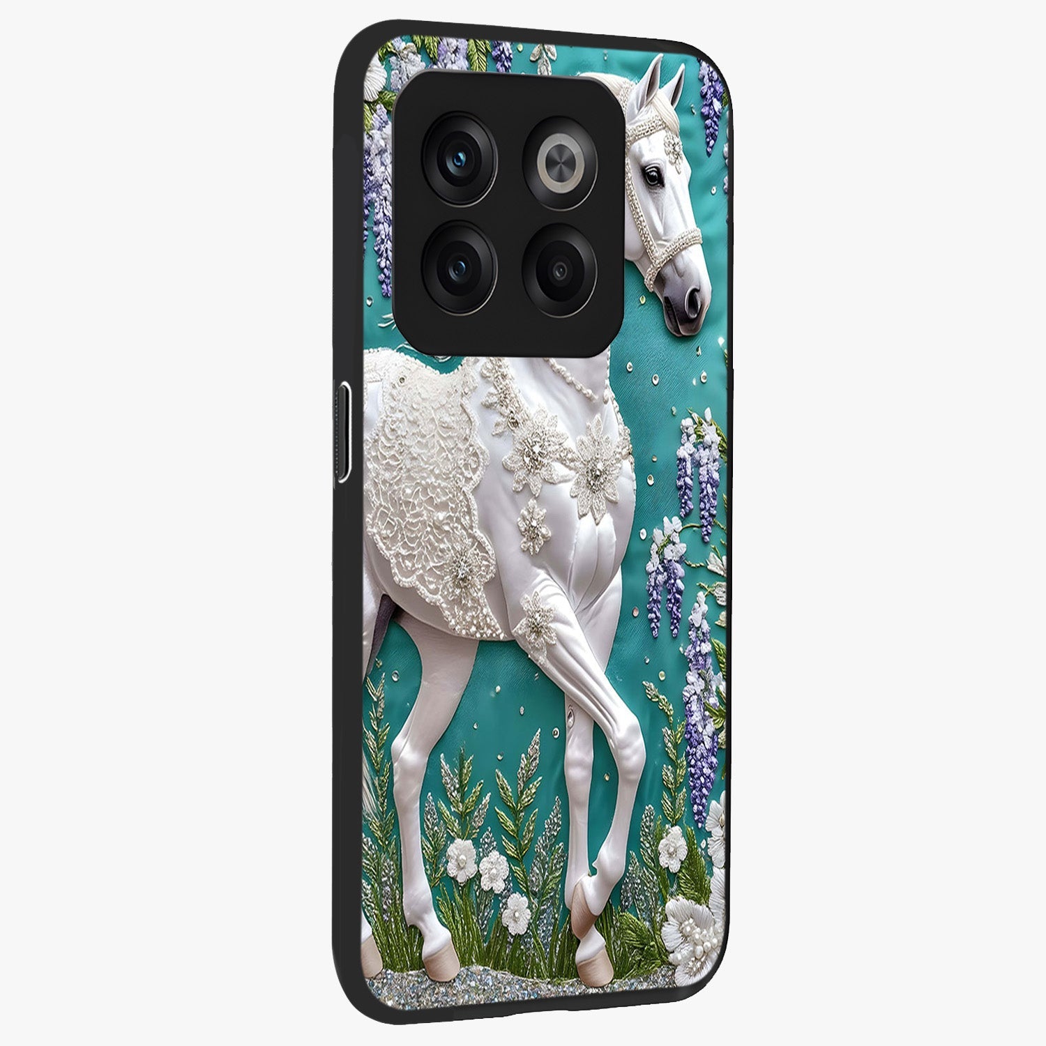 Majestic Floral Stallion Glass Case for 1+10T side perspective highlighting refined equestrian textures and premium edges