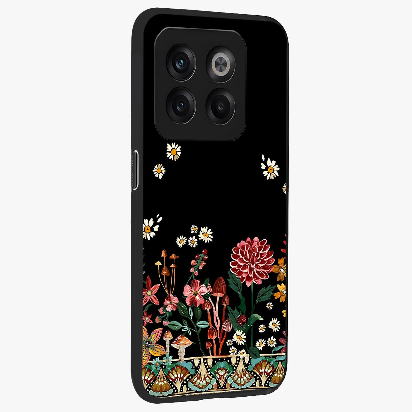 Midnight Bloom Pattern Glass Case for 1+10T side perspective highlighting intricate floral textures and premium edges