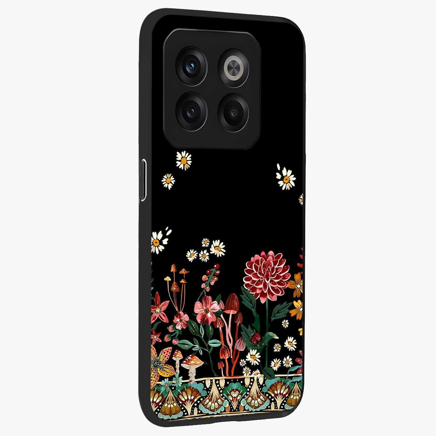 Midnight Bloom Pattern Glass Case for 1+10T side perspective highlighting intricate floral textures and premium edges