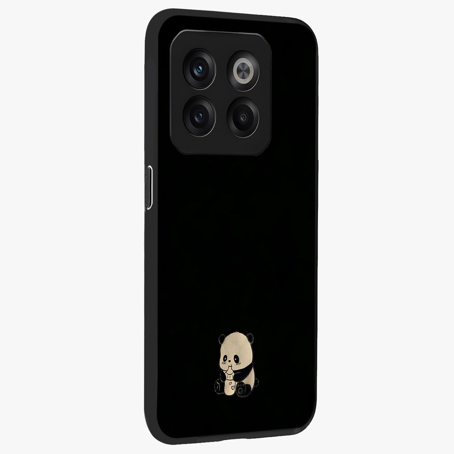 Midnight Panda Love Glass Case for 1+10T side perspective highlighting charming illustration details and premium build