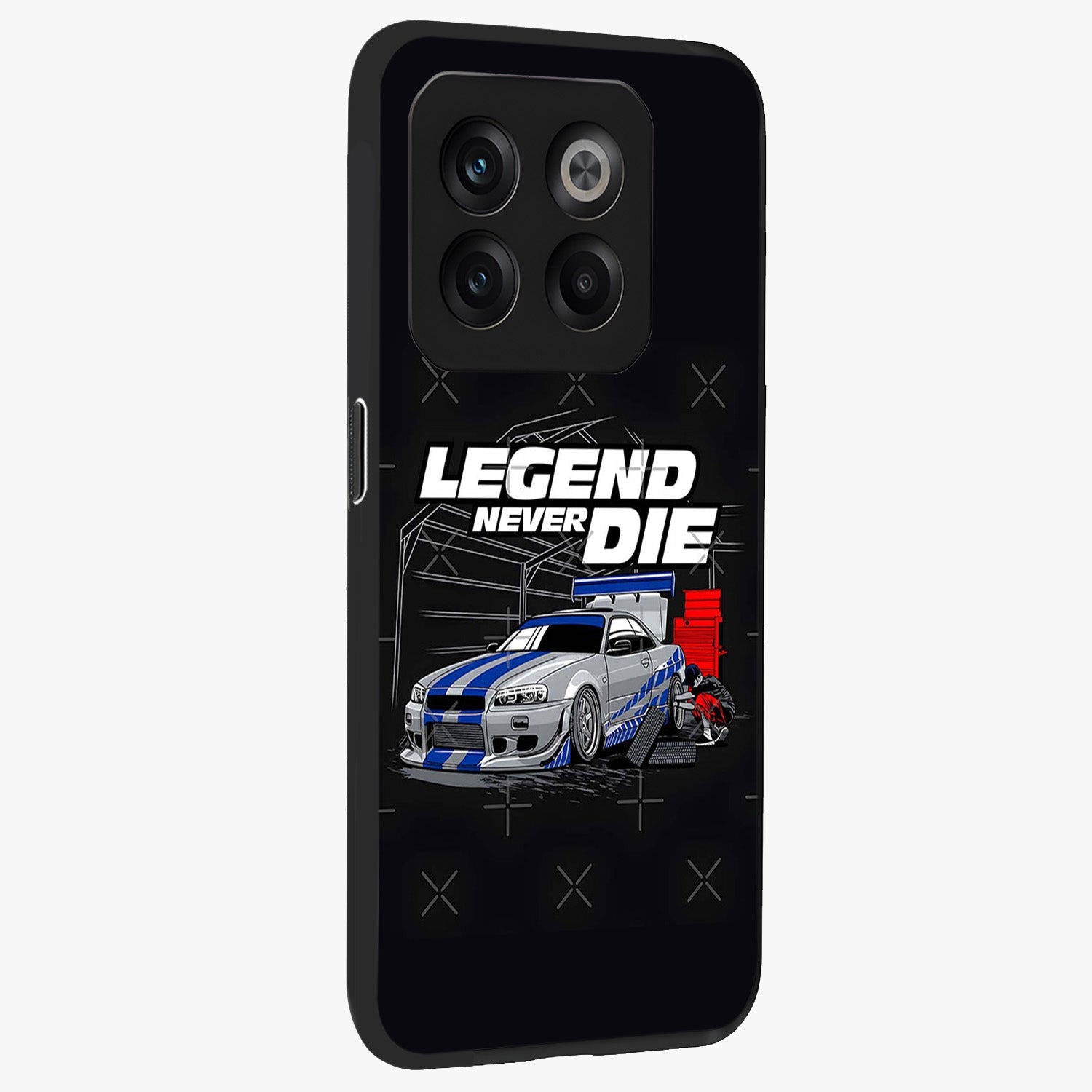 Midnight Racing Legacy Glass Case for 1+10T side perspective highlighting sleek speed textures and premium edges