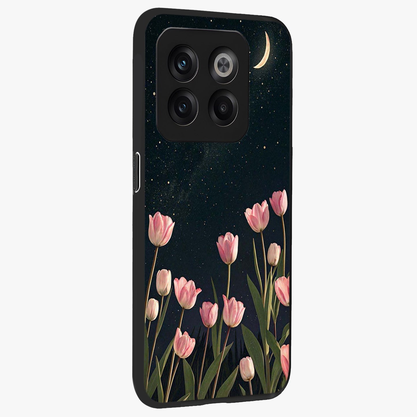 Midnight Tulip Whispers Vibe Glass Case for 1+10T side perspective highlighting graceful floral textures and premium edges