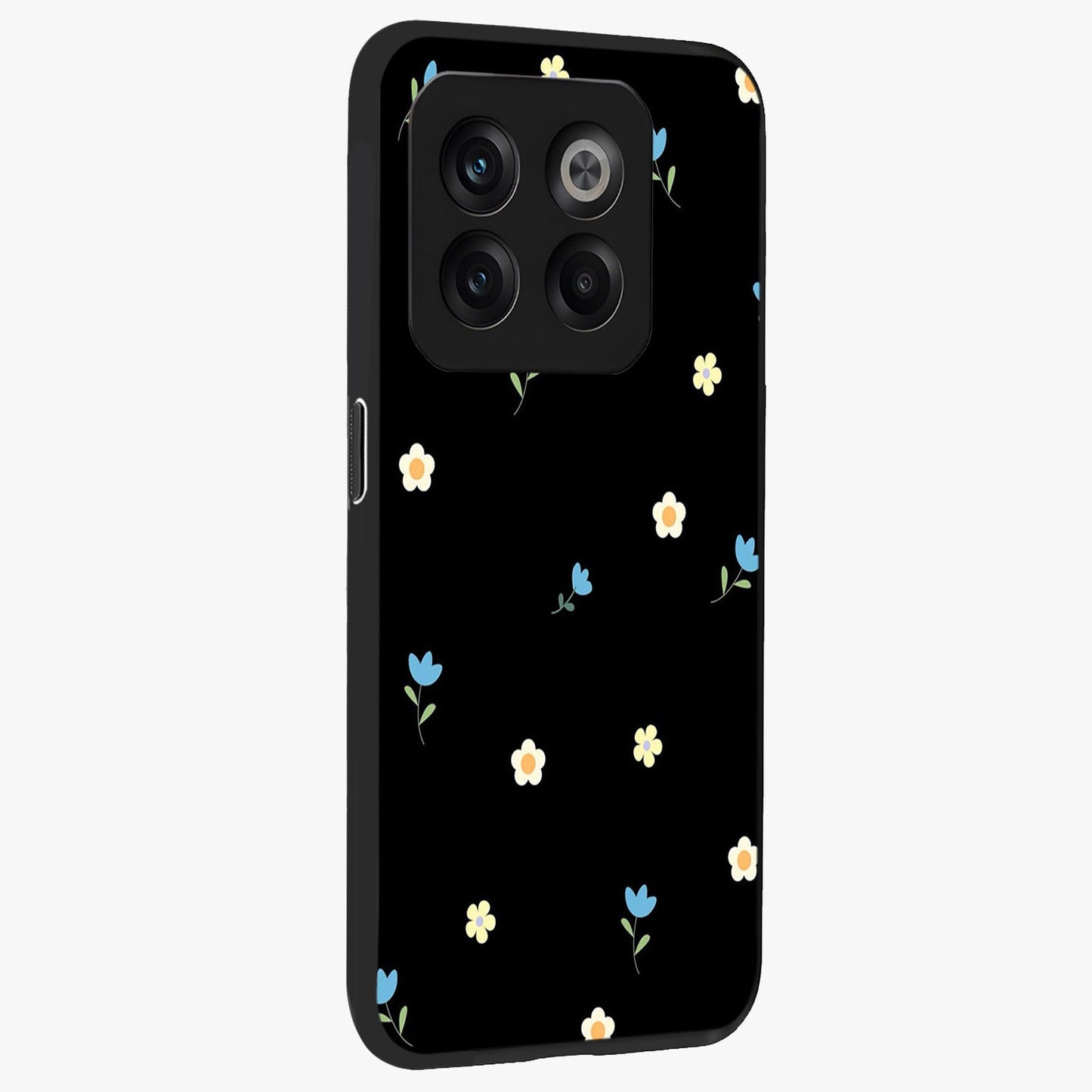 Minimalistic Blue With White Flower Pattern Glass Case for 1+10T side perspective highlighting subtle floral textures and premium edges