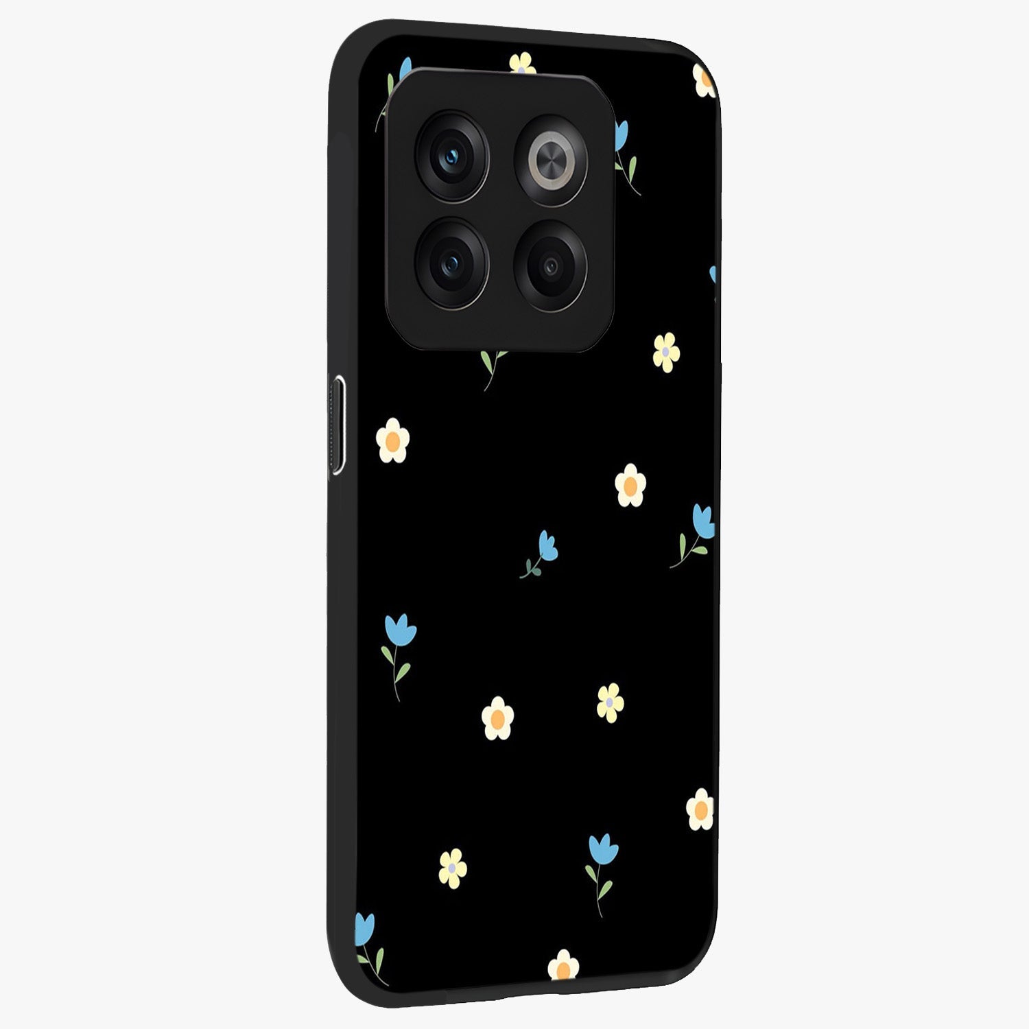 Minimalistic Blue With White Flower Pattern Glass Case for 1+10T side perspective highlighting subtle floral textures and premium edges