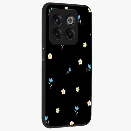 Minimalistic Blue With White Flower Pattern Glass Case for 1+10T side perspective highlighting subtle floral textures and premium edges