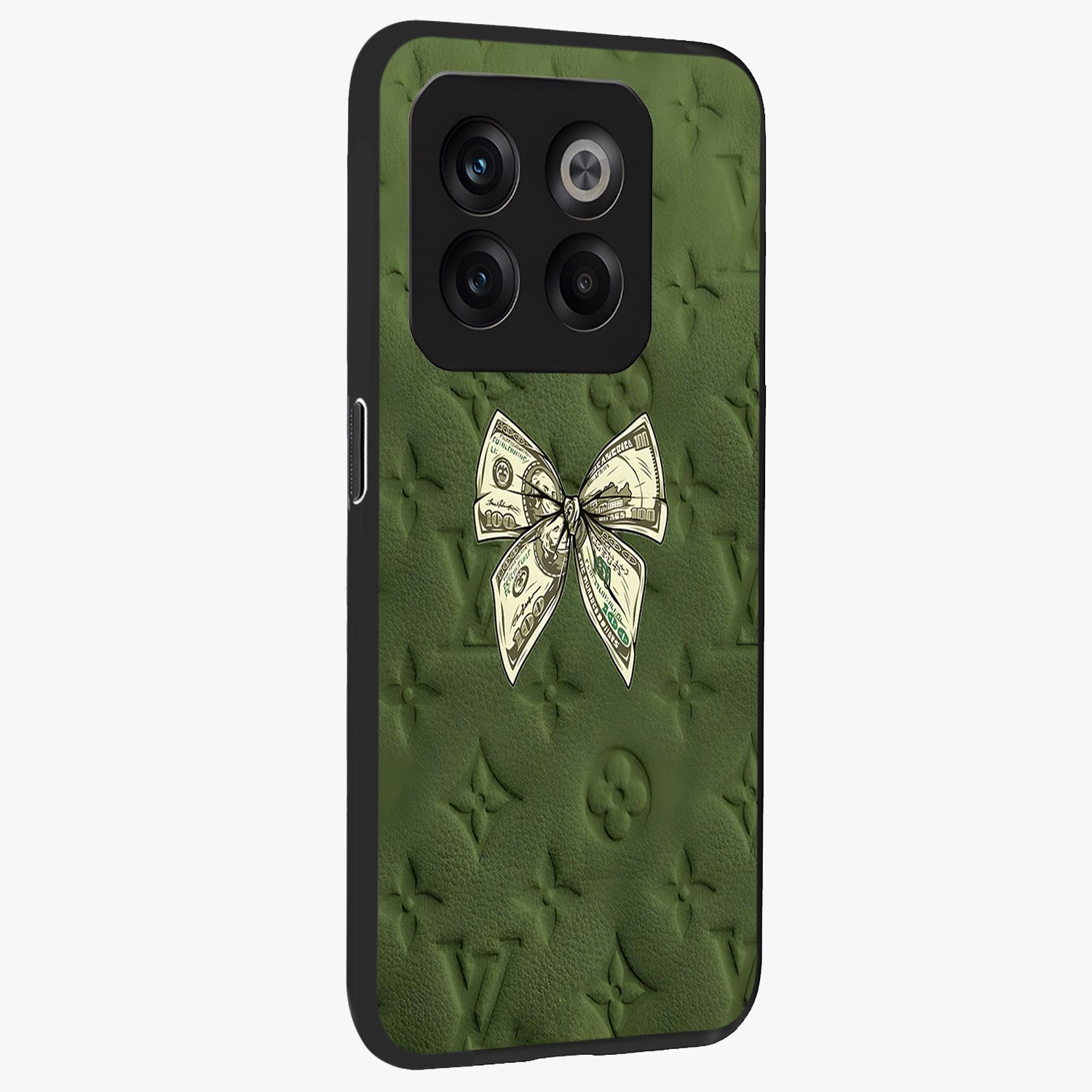 Money Bow Lv Glass Case for 1+10T side perspective highlighting stylish textures and sleek build