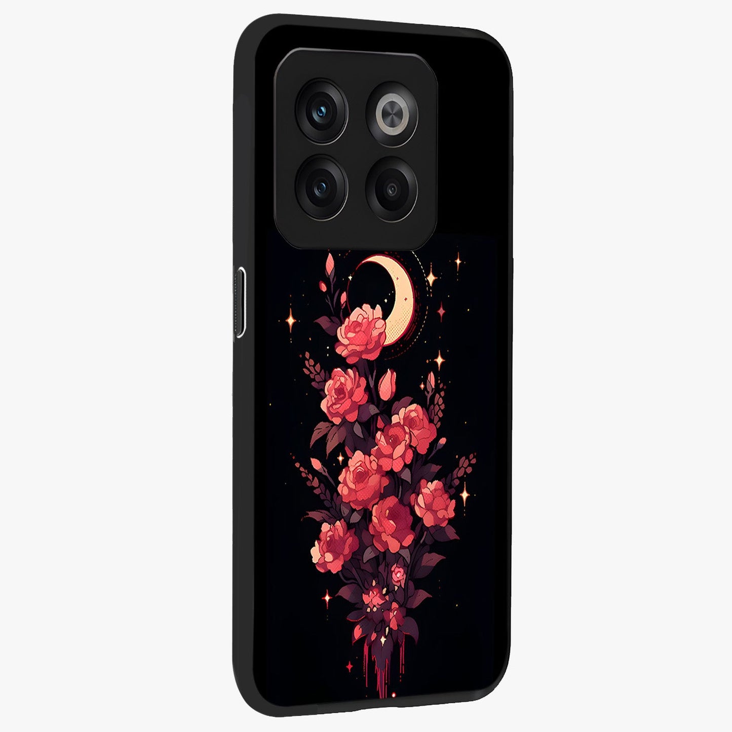 Moonlit Floral Elegance Glass Case for 1+10T side perspective highlighting elegant bloom detailing and smooth build
