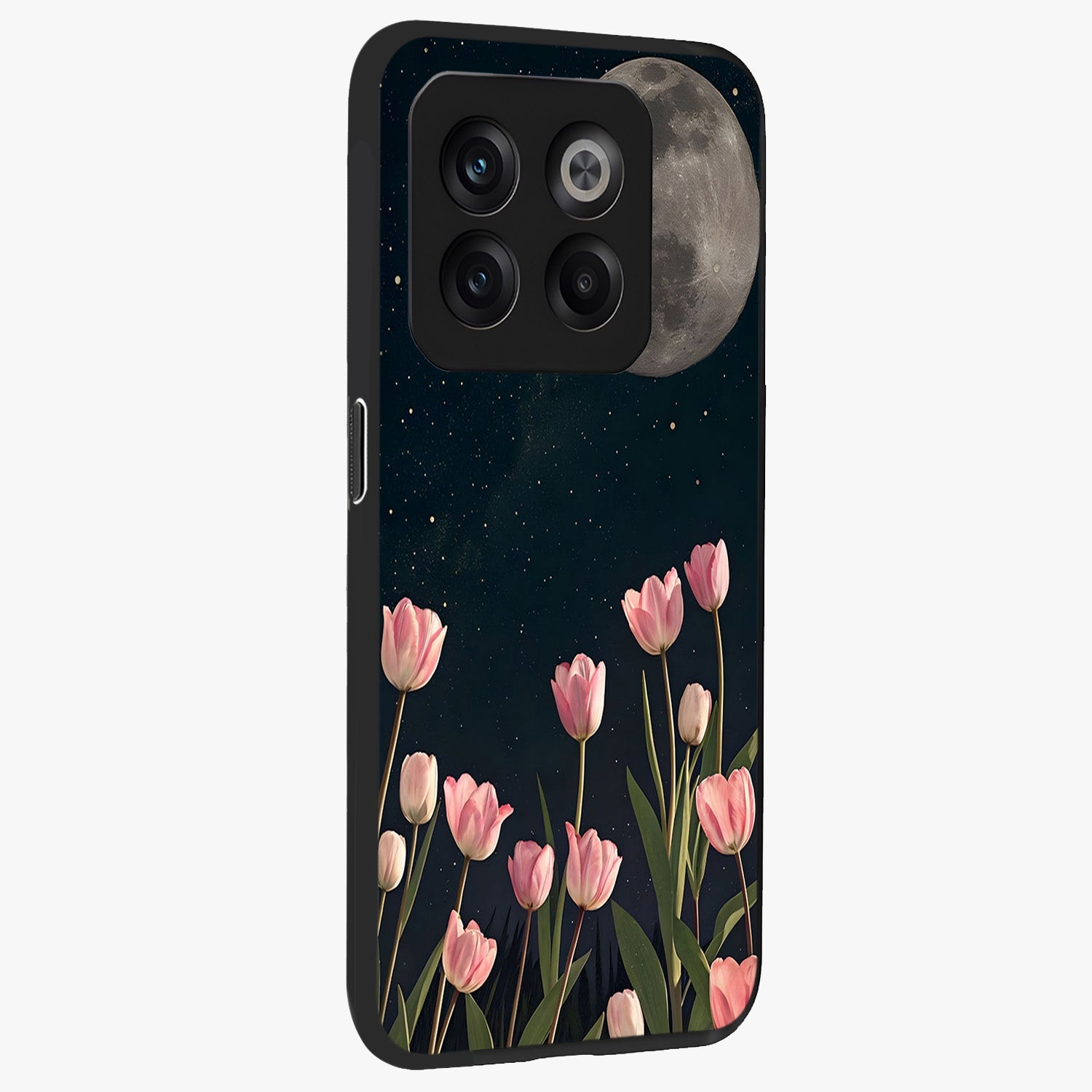 Moonlit Night Tulip Glass Case for 1+10T side perspective highlighting delicate petal textures and sleek build