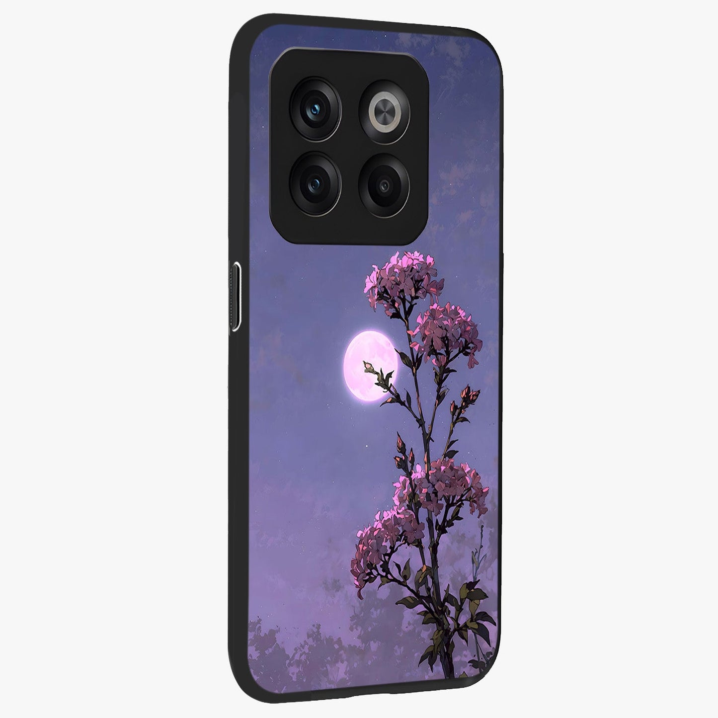Moonlit Petal Night Glass Case for 1+10T side perspective highlighting graceful petal textures and smooth build