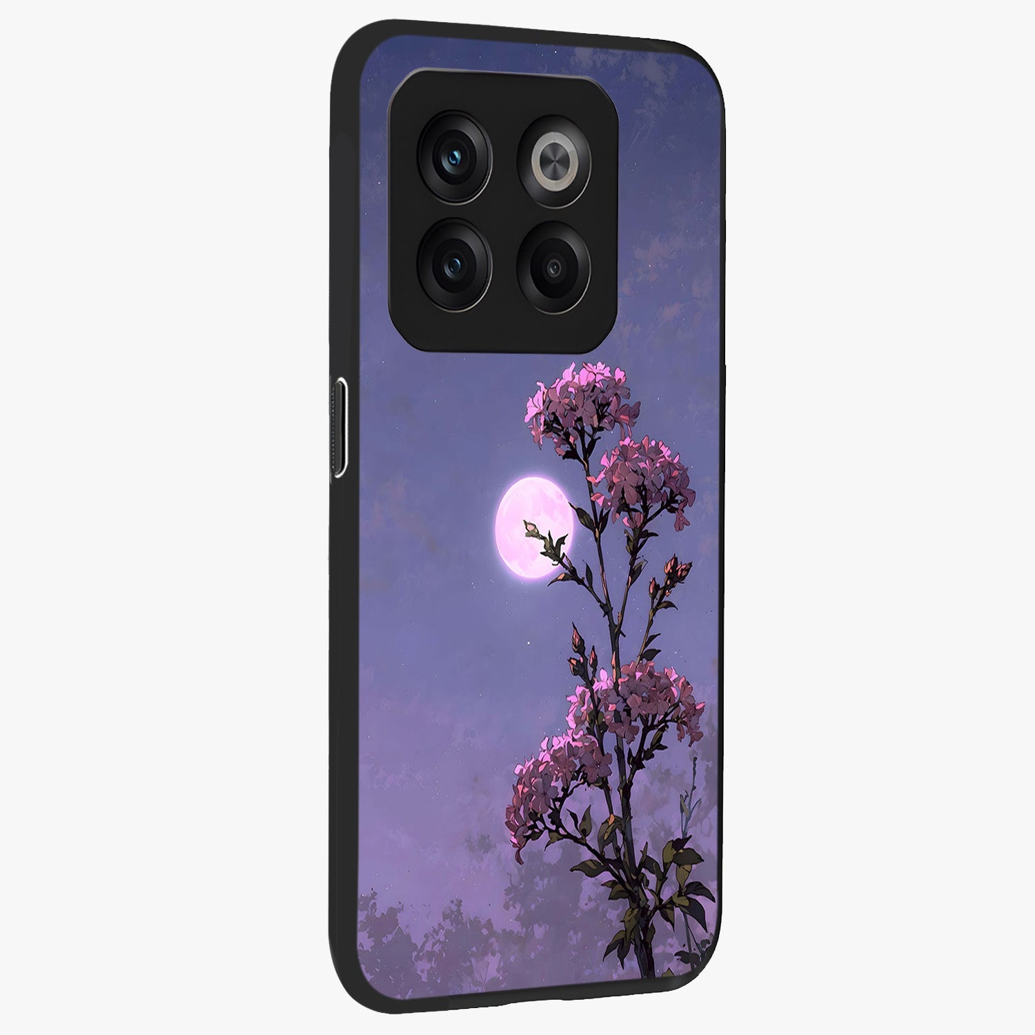 Moonlit Petal Night Glass Case for 1+10T side perspective highlighting graceful petal textures and smooth build